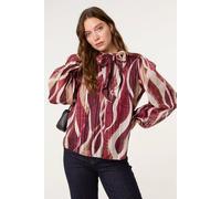 Blue Vanilla Wine Geometric Print Pussybow Metallic Top Wine M/L