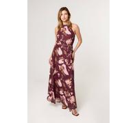 Blue Vanilla Mesh Halterneck Belted Maxi Dress - L - Wine