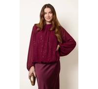 Blue Vanilla Wine Metallic Sparkle Chiffon High Neck Puffball Top Wine