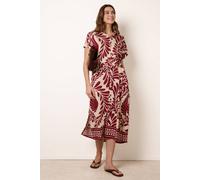 Blue Vanilla Tropical Leaf Print Belted Shirt Dress - M - Wine