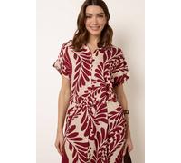 Blue Vanilla Wine Tropical Leaf Print Belted Shirt Dress Wine M