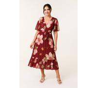 Blue Vanilla Wine Watercolour Floral Printed Wrap Front Pleated Dress Wine