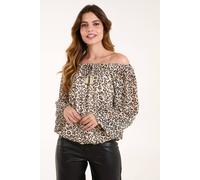 Blue Vanilla Women's Bardot Elastic Neckline Leopard Tassel Top in Cream | Size: Small/Medium