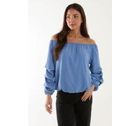 Blue Vanilla Women's Bardot Elasticated Ruched Sleeve Top in Blue | Size: S/M Blue Vanilla Blue S/M