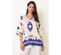 Blue Vanilla Linen Geometric Print Top - M-L - Light Brown