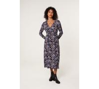 Blue Vanilla Floral V Neck Wrap Long Sleeve Midi Dress - M-L - Black