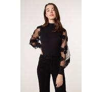 Blue Vanilla Turtle Neck Jumper With Mesh Polka Dot And Flower Detailed Sleeves - S - Black