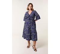 Blue Vanilla Women's Blue Curve Elasticated V Neck Tassel Tie Midi Dress | Size: 18-20 Blue Vanilla Blue 18-20