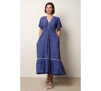 Blue Vanilla Ditsy Floral Button Front Raglan Trim Dress - L - Navy