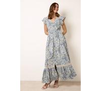 Blue Vanilla Ditsy Floral Print Shirred Waist Button Front Maxi Dress - S - Blue