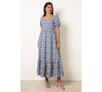 Blue Vanilla Embroidery Puff Sleeve Midi Dress - M-L - Blue