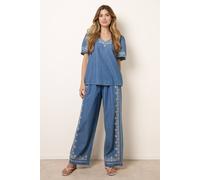 Blue Vanilla Floral Embroidery Wide-Leg Trousers - S - Blue