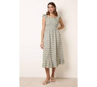 Blue Vanilla Women's Blue Floral & Frill Shirred Bodice Midi Dress | Size: Large Blue Vanilla Multicolor L