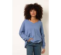 Blue Vanilla Blue Loop Back Sweat Bow Sleeve Raw Edge V Neck Top Blue One Size
