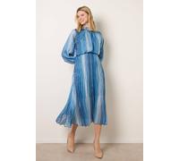 Blue Vanilla Zig Zag Metallic High Neck Puffball Pleated Dress - L - Navy