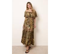 Blue Vanilla Women's Brown Animal Print Off-The Shoulder Maxi Tiered Dress | Size: Medium/Large Blue Vanilla Brown M/L