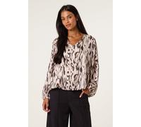 Blue Vanilla Women's Brown Animal Print Puffball V Neck Top | Size: Small Blue Vanilla Brown S