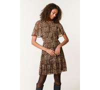 Blue Vanilla Leopard Print Mesh Crew Neck Mini Dress - S - Brown