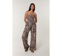 Brown Leopard Print Shirred Waist Jumpsuit Blue Vanilla Brown M/L
