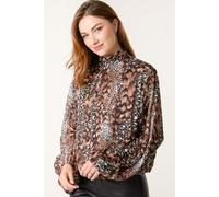 Blue Vanilla Women's Brown Multi Animal Print Bubble Hem High Neck Blouse | Size: Small Blue Vanilla Brown S