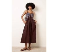 Blue Vanilla Palm Tree Embroidery Smock Dress - S - Brown