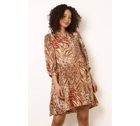 Blue Vanilla Women's Brown Puff Sleeve Metallic Animal Print Puff Sleeve Tunic Dress | Size: Large/XL Blue Vanilla Brown L/XL