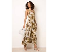 Blue Vanilla Women's Brown Leaf Print Halter Neck Dress | Size: Medium/Large Blue Vanilla Brown M/L