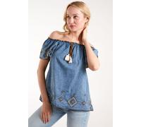 Blue Vanilla Women's Denim Embroidered Bardot Top in Blue | Size: Large Blue Vanilla Blue L