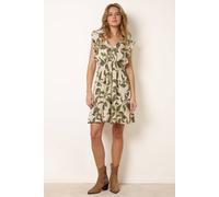 Blue Vanilla Tropical Print Wrap Over Mini Dress With Flutter Sleeve - XL - Khaki