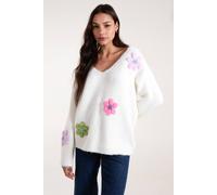Blue Vanilla Women's Flower Knit Embroidery V neck Jumper in Ivory | Size: Medium/Large