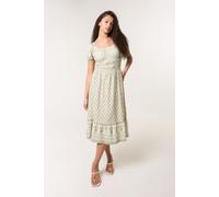 Blue Vanilla Women's Green Border Print Puff Sleeve Midi Dress | Size: Medium Blue Vanilla Green M