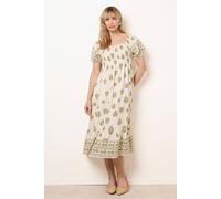 Blue Vanilla Women's Green Square Neck Puff Sleeve Shirred Border Midi Dress in Cream | Size: Small Blue Vanilla Cream S
