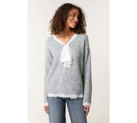 Blue Vanilla Women's Grey Lace Trim Pussybow Jumper | Size: S/M Blue Vanilla Grey S/M