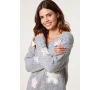 Blue Vanilla V Neck Flower And Pearl Jumper - Grey - S-M - Grey