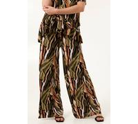 Blue Vanilla Women's Khaki Plisse Tropical Print Wide Leg Trousers | Size: S/M Blue Vanilla Khaki S/M