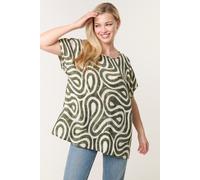 Blue Vanilla Women's Khaki Round Neck Top With Abstract Print | Size: S/M Blue Vanilla Khaki S/M