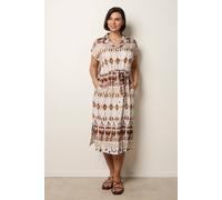 Blue Vanilla Drawstring Printed Midi Shirt Dress - S-M - Light Brown