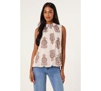 Blue Vanilla Women's Light Brown Printed Sleeveless High Neck Blouse | Size: S/M Blue Vanilla Light Brown S/M