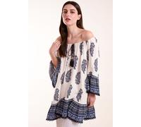 Blue Vanilla Women's Mix Print Bardot With Tassel Dress in Blue | Size: S/M Blue Vanilla Blue S/M