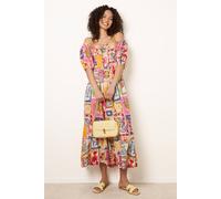 Blue Vanilla Postcard Tie Front Bardot Shirred Midi Dress - M - Multicoloured