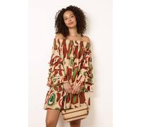 Blue Vanilla Printed Frill Sleeve Bardot Off Shoulder Tunic Dress - One Size - Multicoloured