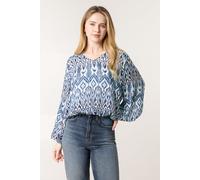 Blue Vanilla Women's Navy Abstract Printed V Neck Puffball Top | Size: Medium Blue Vanilla Navy M