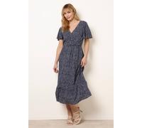 Blue Vanilla Angel Sleeve Shirred Waist Tier Hem Midi Dress - L - Navy