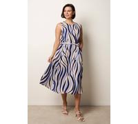 Blue Vanilla Women's Navy Sleeveless Bold Wave Print Belted Dress Zip Round Neck Midi | Size: Medium Blue Vanilla Multicolor M