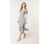 Blue Vanilla Women's Navy Border Print Puff Sleeve Midi Dress | Size: XL Blue Vanilla Navy XL