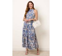 Blue Vanilla Printed Pleated Dress With Belt - S-M - Navy
