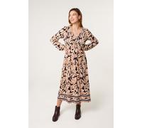 Blue Vanilla V Neck Shirred Border Print Midi Dress - L-XL - Navy