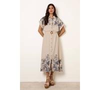 Blue Vanilla Printed Linen Belted Dress - M - Cream