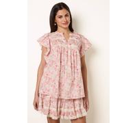 Blue Vanilla Women's Pink Ditsy Floral Cotton Ruffle Sleeve Top | Size: Large Blue Vanilla Pink L