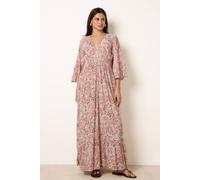 Blue Vanilla Women's Pink Printed Shirred Waist V Neck Maxi Dress | Size: S/M Blue Vanilla Pink S/M
